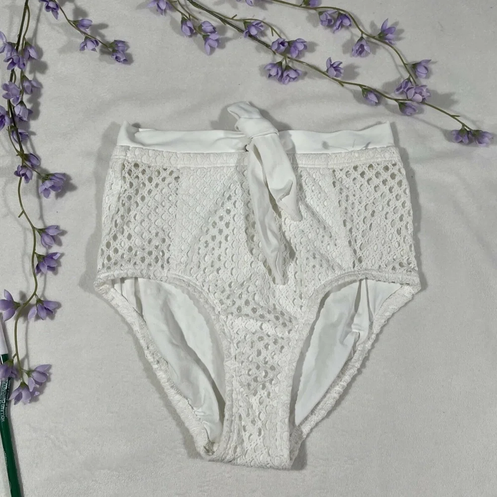 NEW Robin Piccone‎ [ Small ] Mesh High Waisted Front Tie Bikini Bottom White